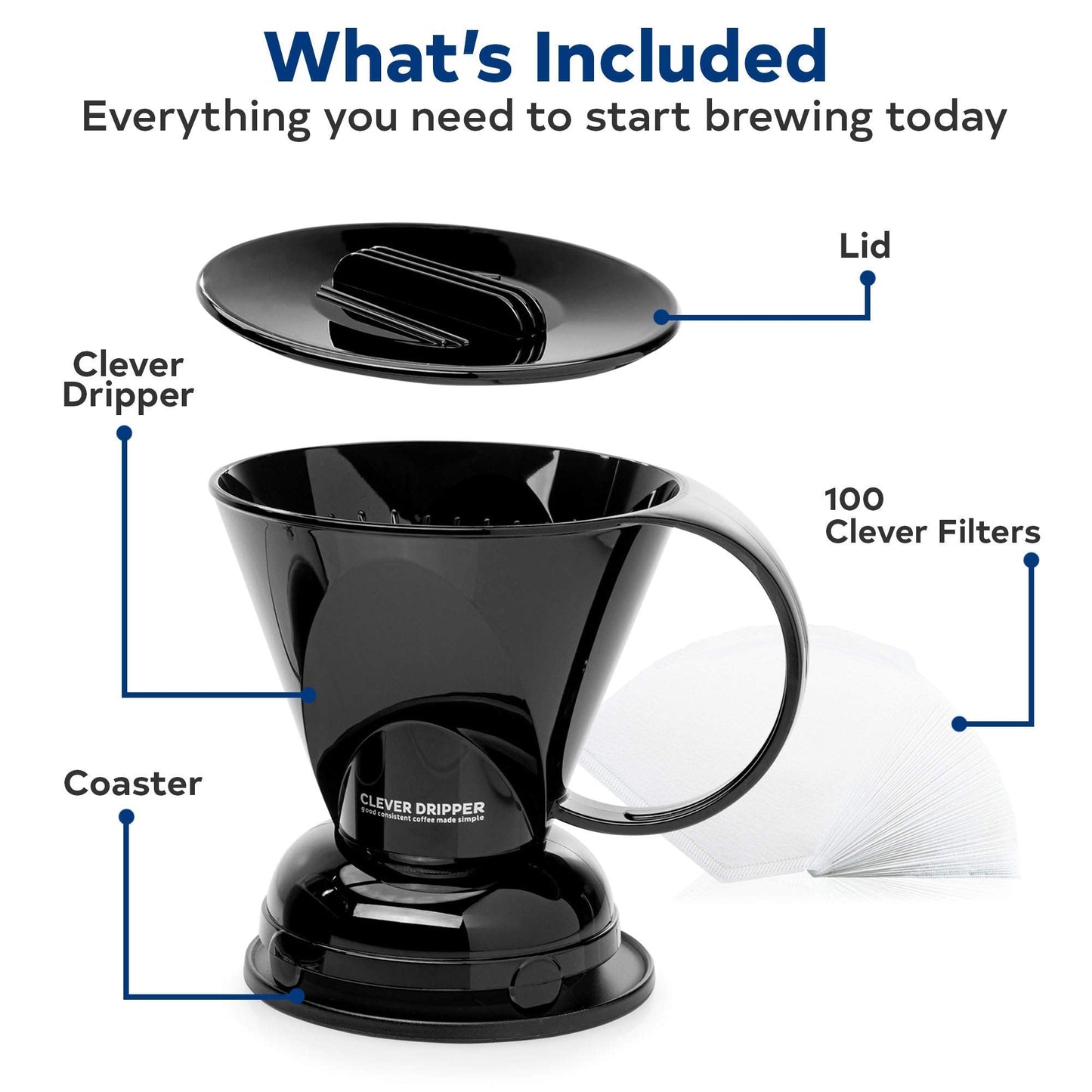 Clever Coffee Dripper and Filters, Large 18 oz (Black)| Barista's Choice| Safe BPA Free Plastic|Includes 100 Filters