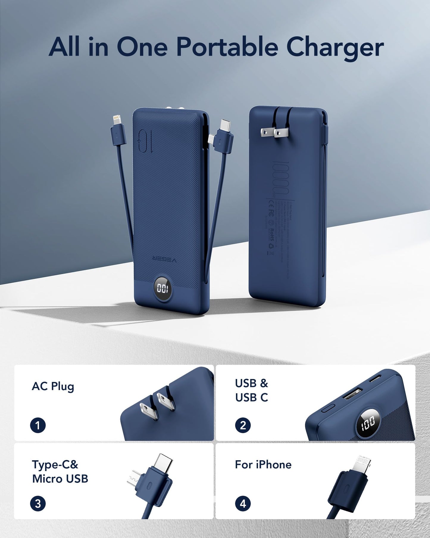 VEGER Portable Charger with Built-in AC Plug and Cables, All in One 10000mAh Ultra Slim Power Bank Travel Essentials, Fast Charging Battery Pack Compatible with iPhone, Samsung, Android (Navy)