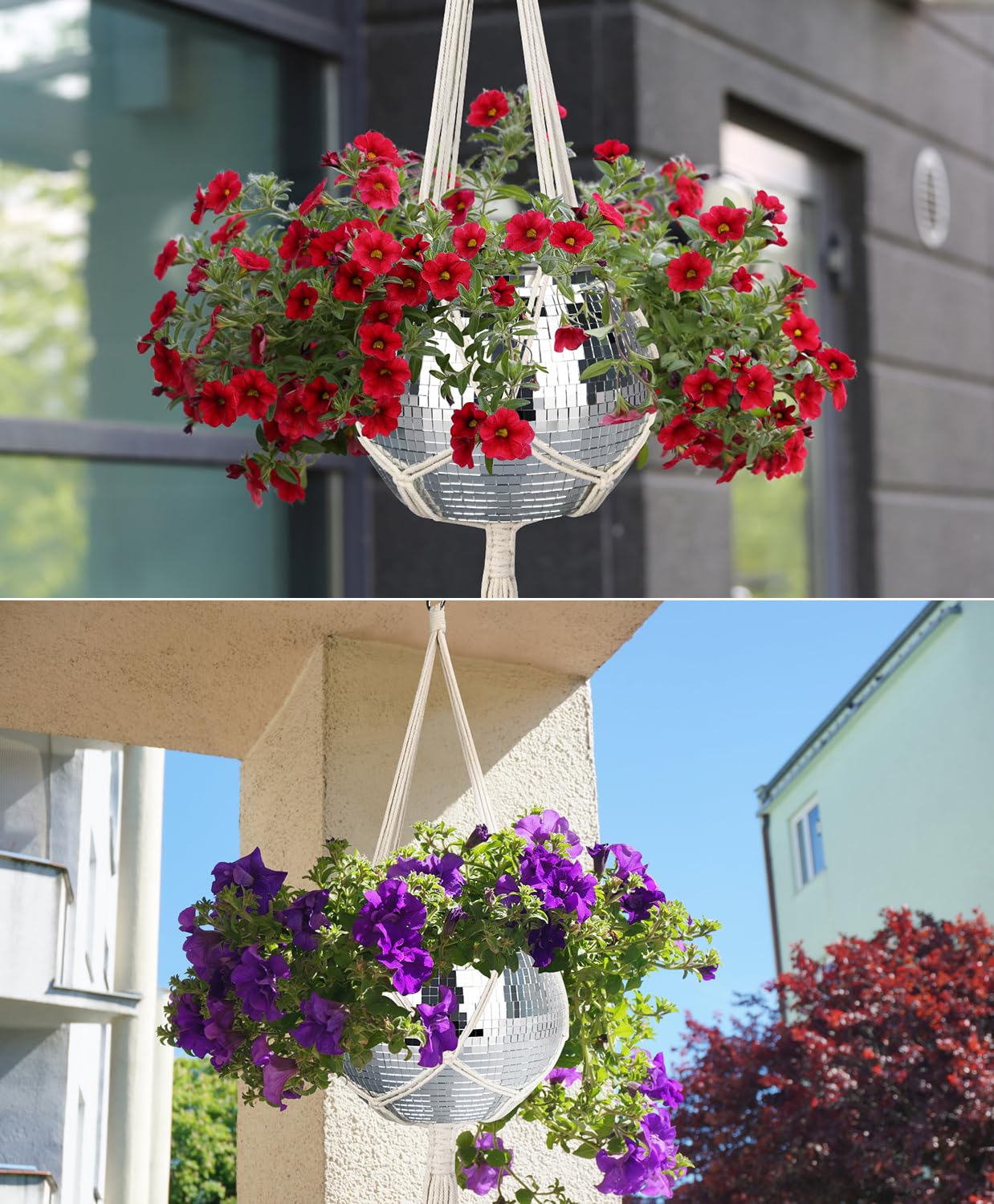 FGBNM Disco Ball Planter, 1pcs 9” Silver Disco Ball Planter, Disco Ball Plant Hanger with Hanging Rope, Hanging Chain, Hook, Circle and Extra Mirror Pieces