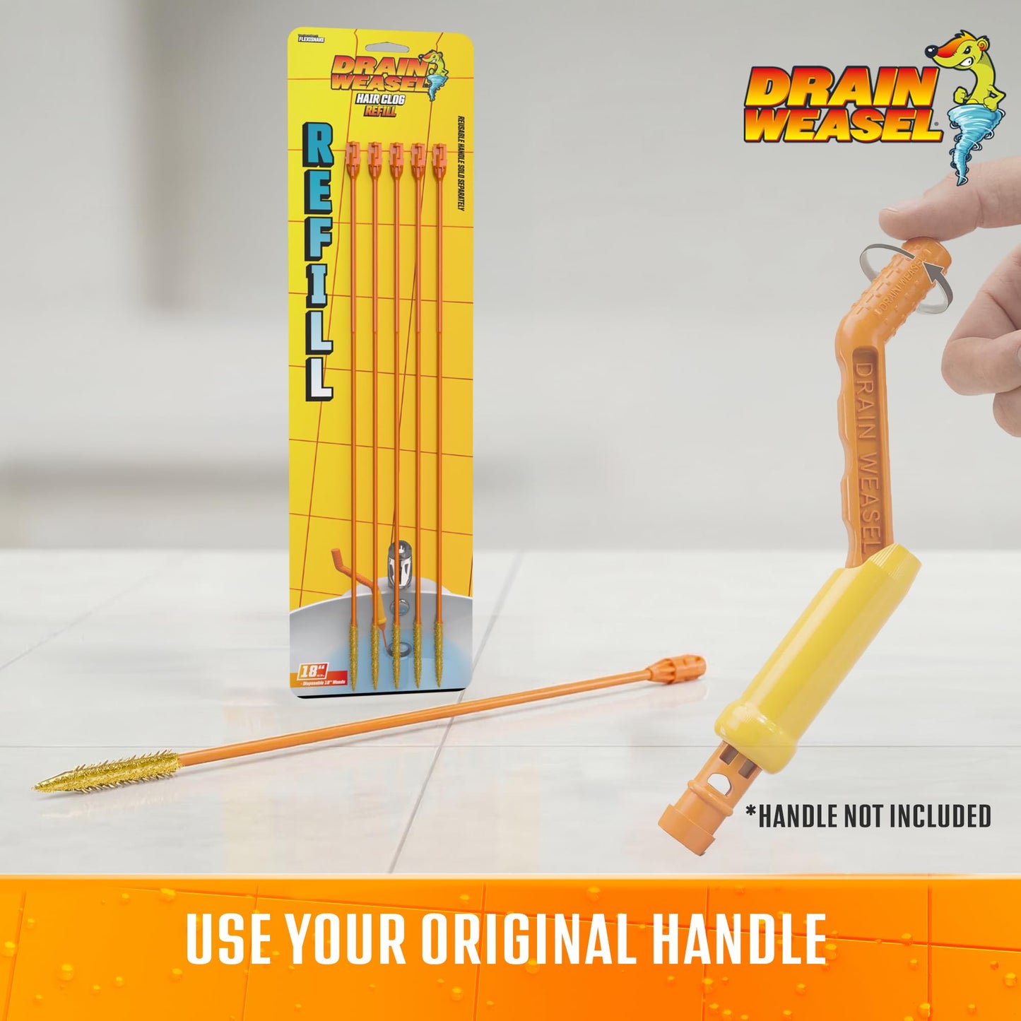 FlexiSnake Drain Weasel Refill - Sink Snake Hair Clog Remover Tool, Sink, Pipe, Bathroom, Bathtub Drain Cleaner, 18-inch Long Flexible Disposable Wands, Made in The USA, 5 Pack