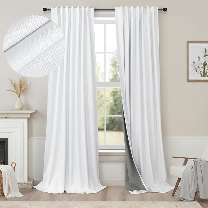 White Linen Textured Blackout Curtains 94 Inches Long 2 Panels Burg Coastal Bohemian Floor Length Curtains for Patio Door Dorm Back Tab Pleated Curtain for Living Room Divider Bedroom Window Treatment
