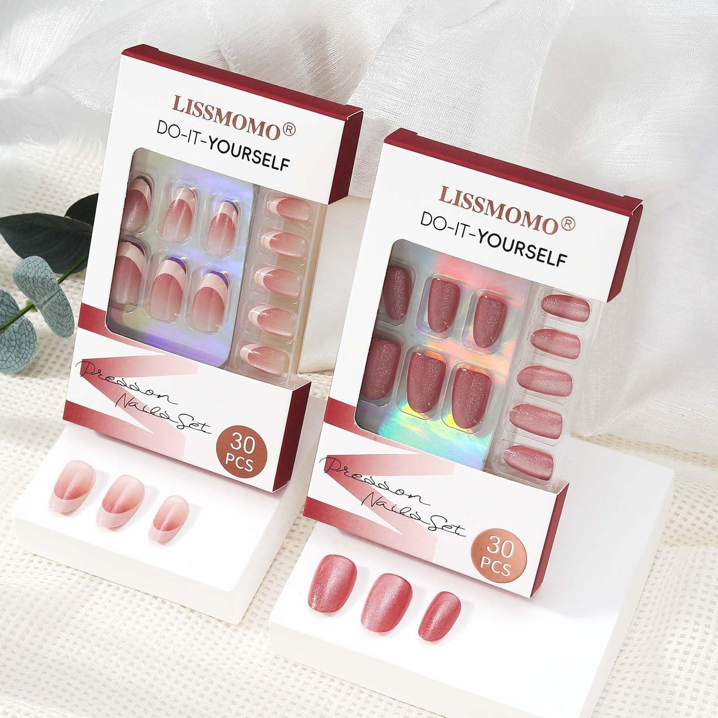 Press on Nails Short Oval 2 Pack, Peach Pink French Tip | Berry Red Glitter Nail Press ons - 60Pcs Stick on Nails Kit, Reusable False Nails for Women (L1921_2092)