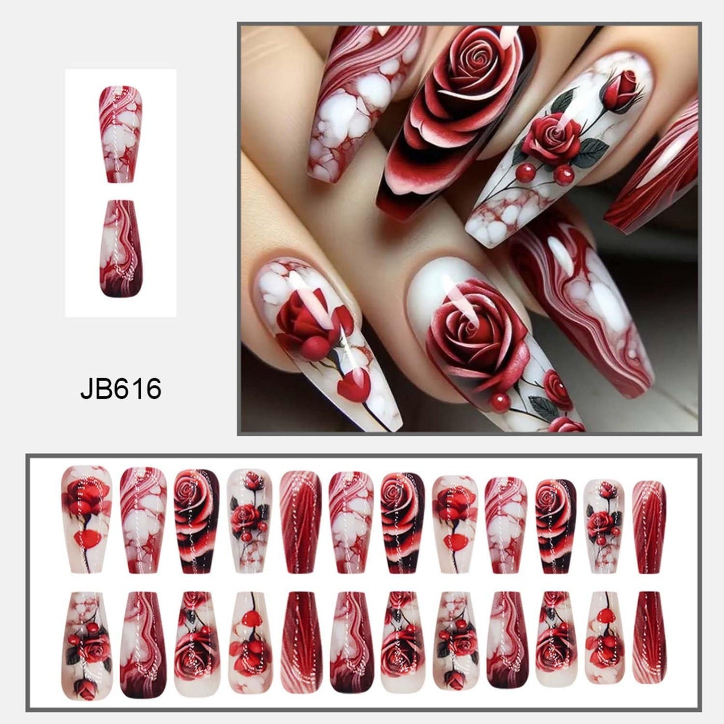 24pcs Rose Press On Nails Medium Coffin Fake Nails Flower With Gradient Design Red Acrylic Nails Full Cover Artificial Nails Glossy Glue On Nails Reusable Stick On Nails For Women Manicure