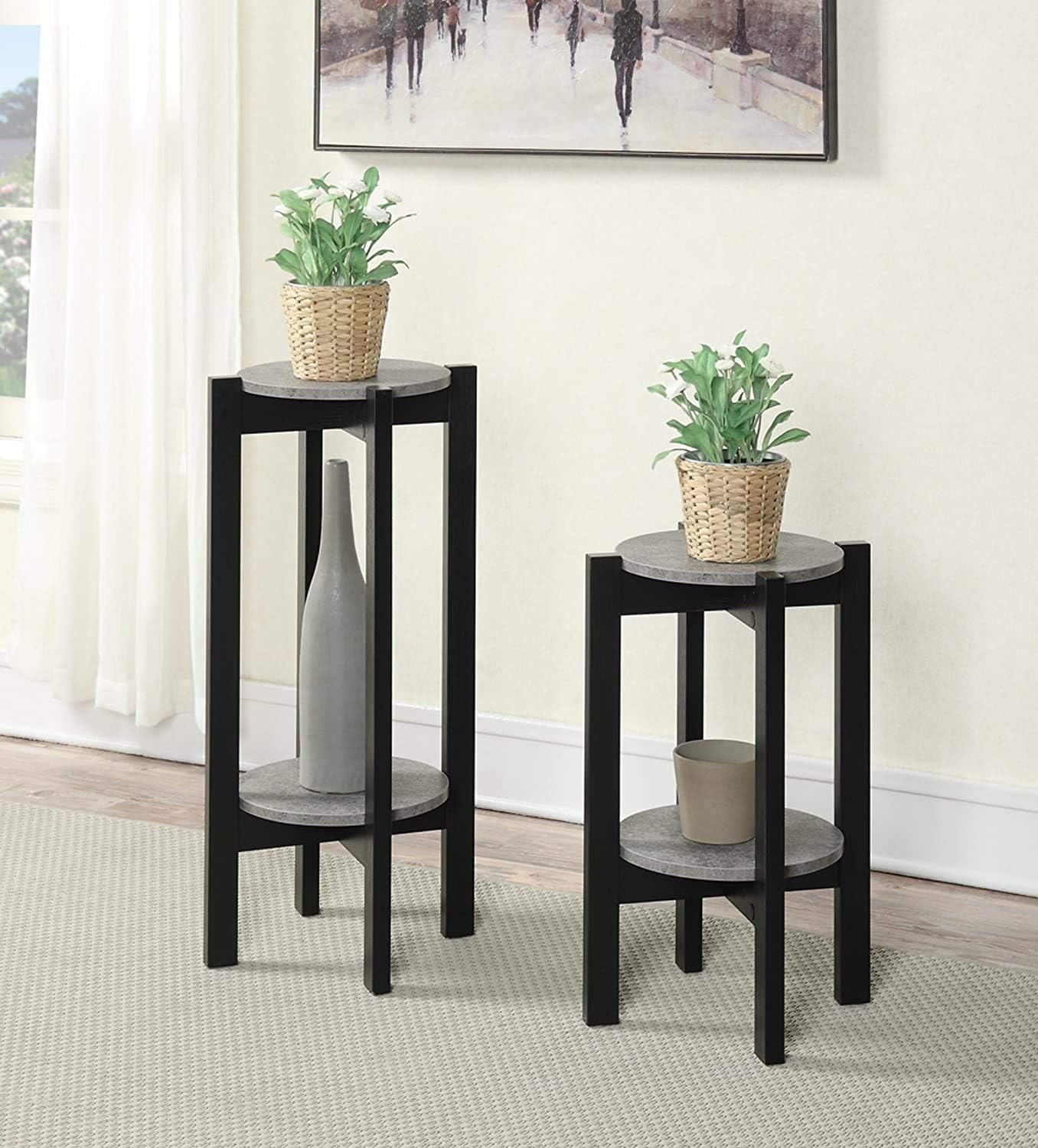 Convenience Concepts Newport Medium Plant Stand, Faux Cement / Black