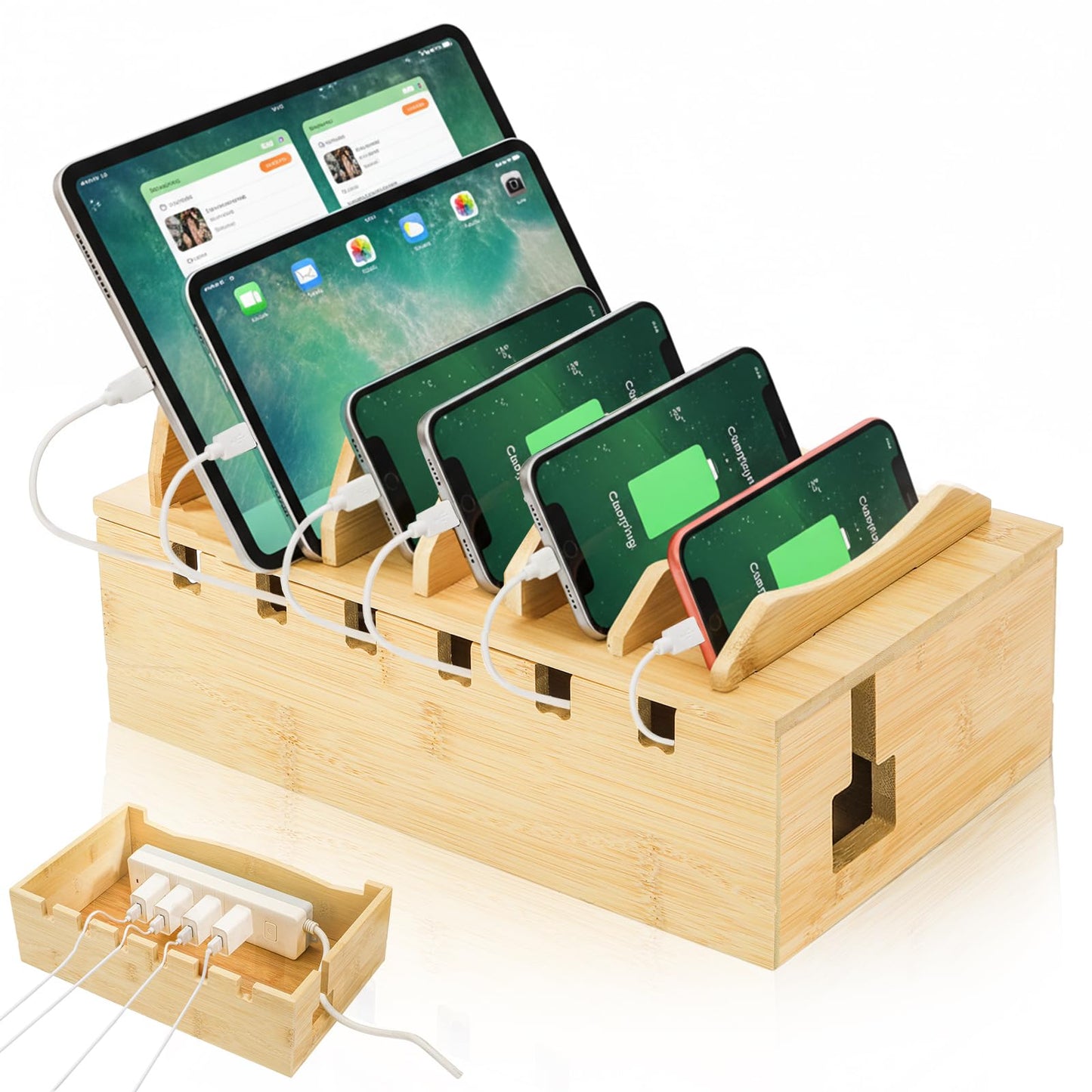 WRINGKIT Bamboo Charging Station for Multiple Devices, Desktop Charging Organizer with Removable Divider Slots, Docking Stations Stand for 6 Devices, Compatible with Tablets, iPads, Cell Phone, Laptop