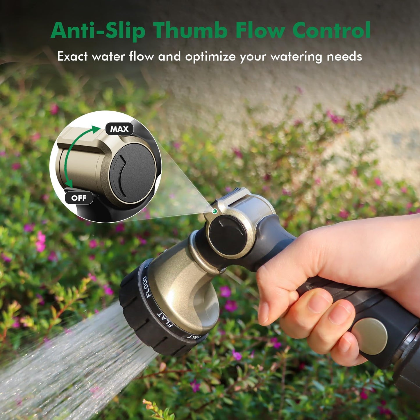 RESTMO Heavy Duty Hose Nozzle, Metal Garden Water Hose Sprayer with 7 Watering Patterns, Thumb Control, On Off Valve, High Pressure Nozzle Sprayer for Watering Plants, Car and Pet Washing, Bronze