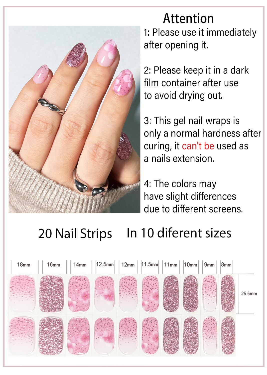UV Gel Nail Stickers, Spring, Pink Sakura 20pcs Semi Cured Gel Nail Strips, Wraps for Home Manicure DIY