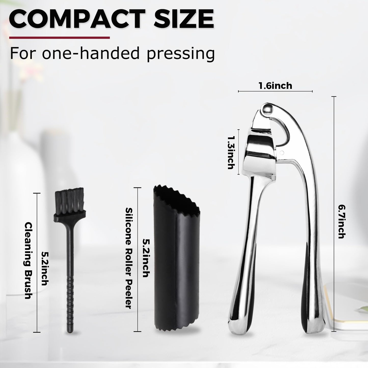 Kitessensu High Effective Premium Garlic Press Set, With Silicone Garlic Peeler & Brush, Heavy Duty Garlic Mincer, Easy to Squeeze and Clean, Rust Proof - Gloss Silver