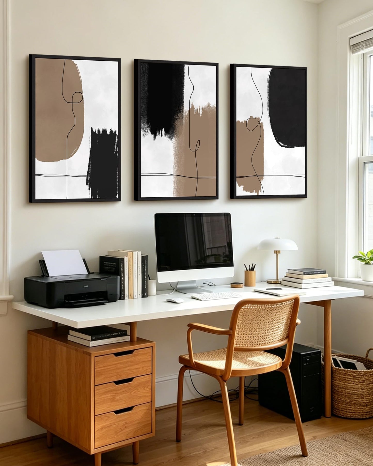 KUVIOKE Neutral Abstract Framed Wall Art Beige Mid Century Textured Wall Decor Minimalist Line Modern Illustrations Art Print Home Decor 24x36in (Black Framed)
