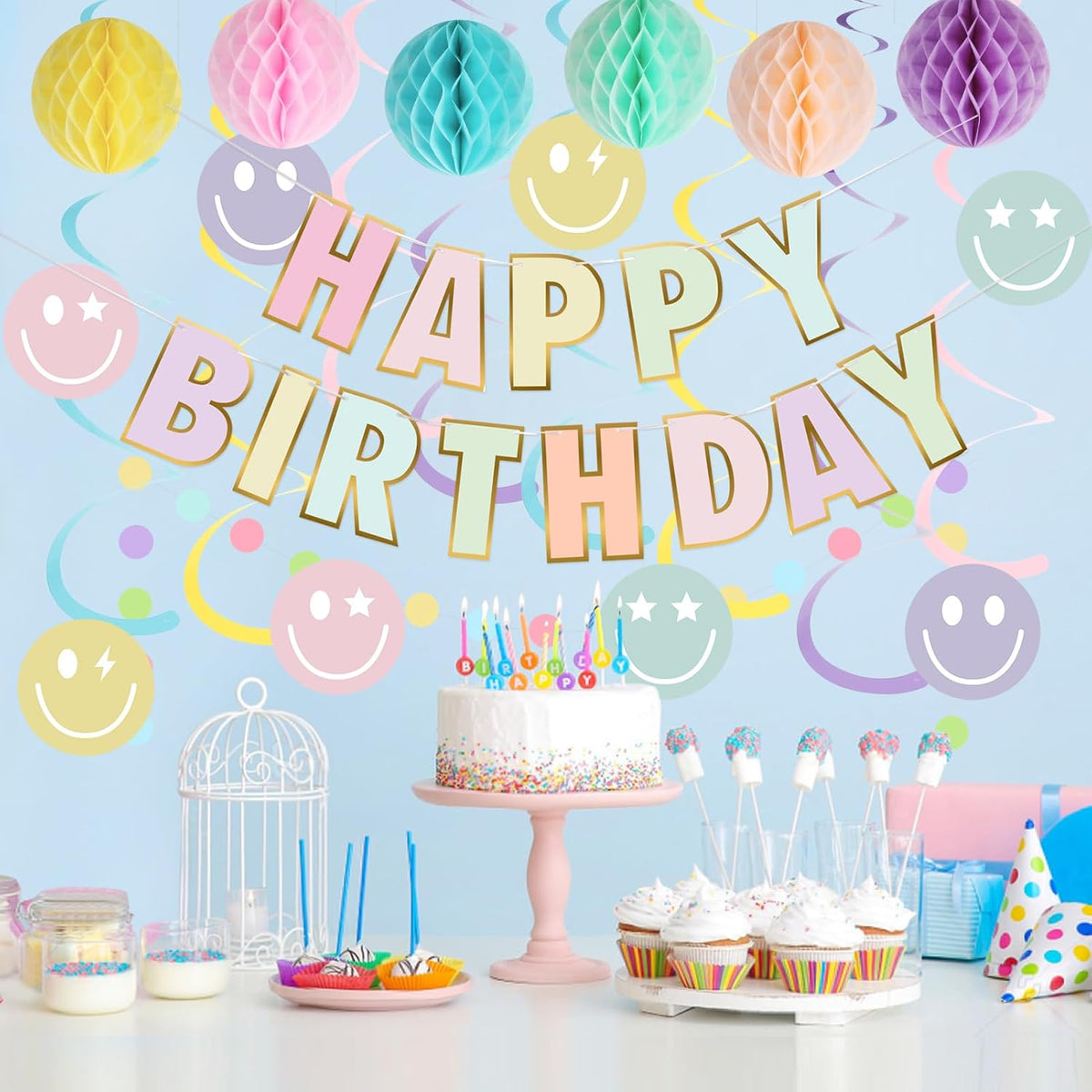 Birthday Decorations, NO DIY, Pre-Strung Happy Birthday Banner with Honeycomb Balls, Hanging Swirls, Circle Dots Garland, Happy Birthday Party Decorations for Women Men Boys Girls (Pastel)