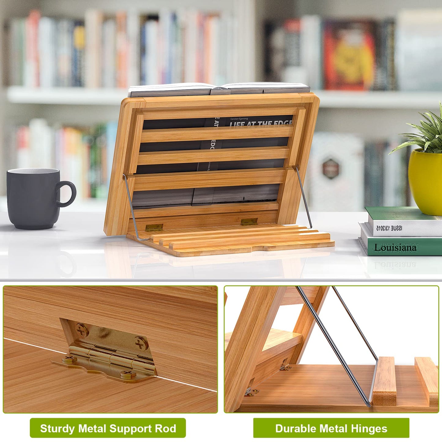 Wooden Desktop Book Stands, Adjustable Book Stand for Reading, Pezin & Hulin Cook Book Holder Seat, Bamboo Foldable Riser for Tablet, Recipe, Laptop with Page Clips