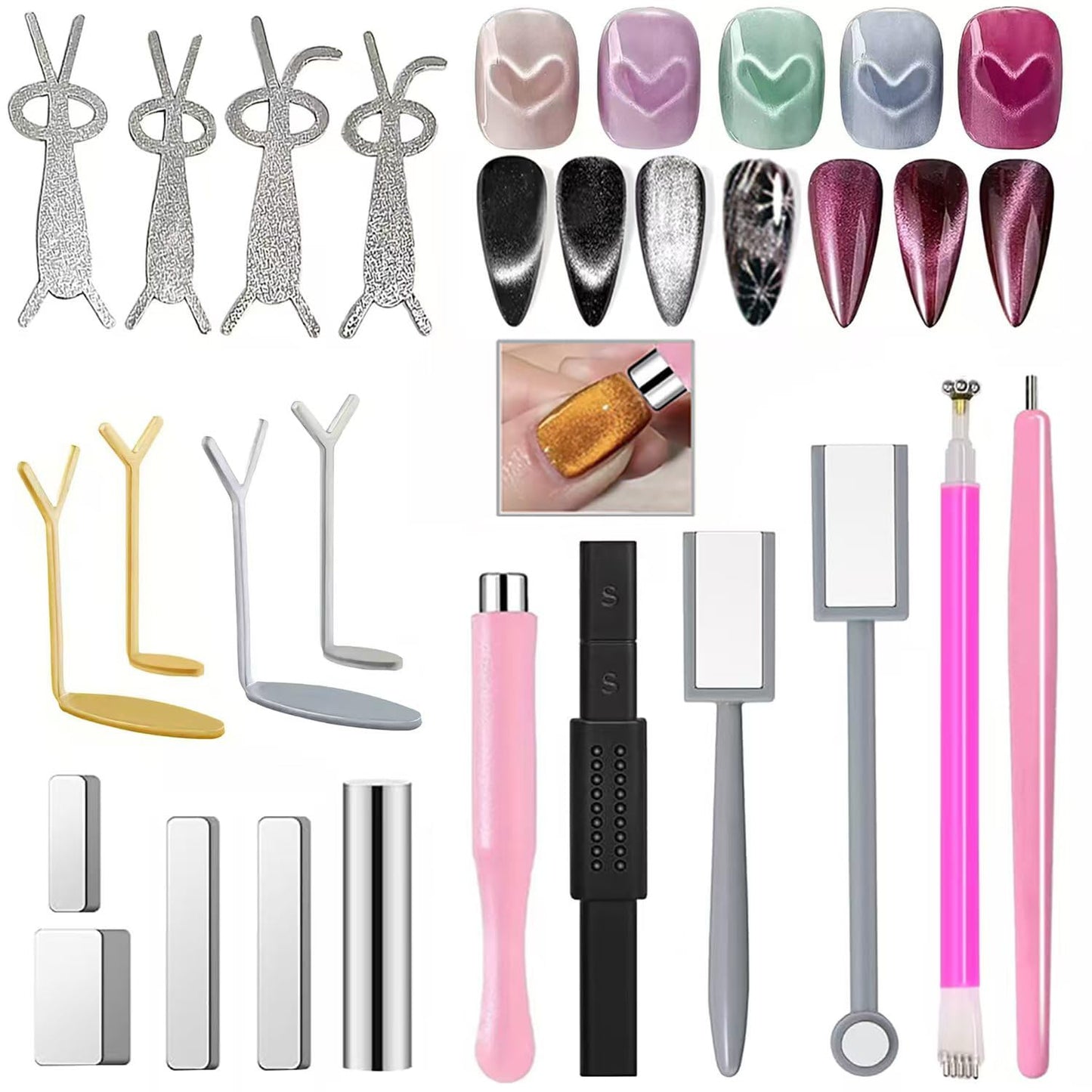 19PCS Cat Eye Nail Magnet Tool Set - Double-Head Magnet Sticks, Heart Shaped Magnets for Cat Eye Gel Nail Polish, Professional Nail Art DIY Accessories for Home Manicure