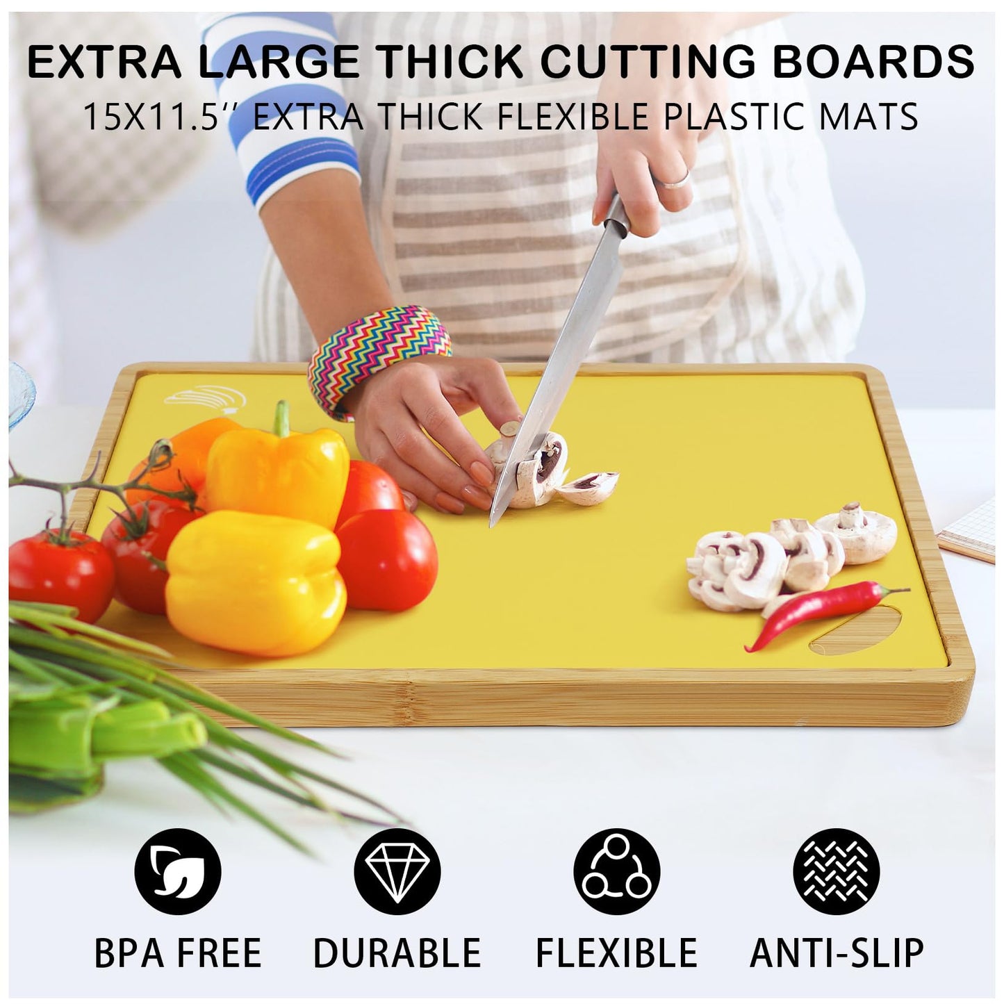 Bamboo Cutting Board Set with 6 Color-Coded Flexible Chopping Mats,BPA Free, Durable & Multi-Purpose for Kitchen Prep, Ideal Charcuterie & Chopping for Meat, Vegetables and Fruits Ideal Kitchen Gifts