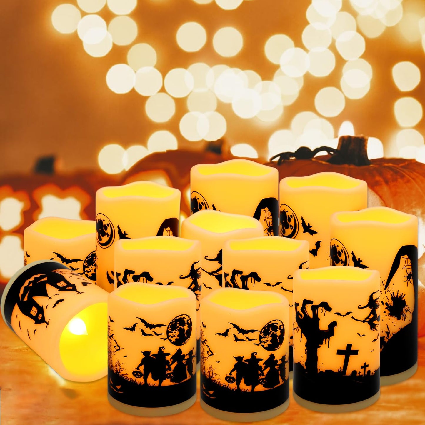 CAKETYCG 12-Pack Halloween Ink Painting Large Electronic Waxes with Remote Control, Flameless LED Candles for Halloween Spooky, Halloween Ambient Sense Artifacts.