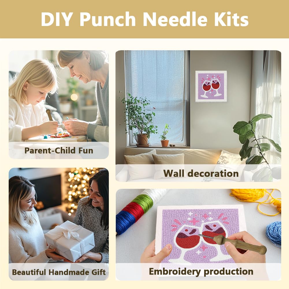 DOODLREAM Red Wine Glass DIY Punch Needle Embroidery Kit for Adult Beginner, 9.4" Cheers to The Red Wine Punch Stitching Craft Set for Starter with Frame, Fabric Pattern, Threader, Yarn, Punch Needle