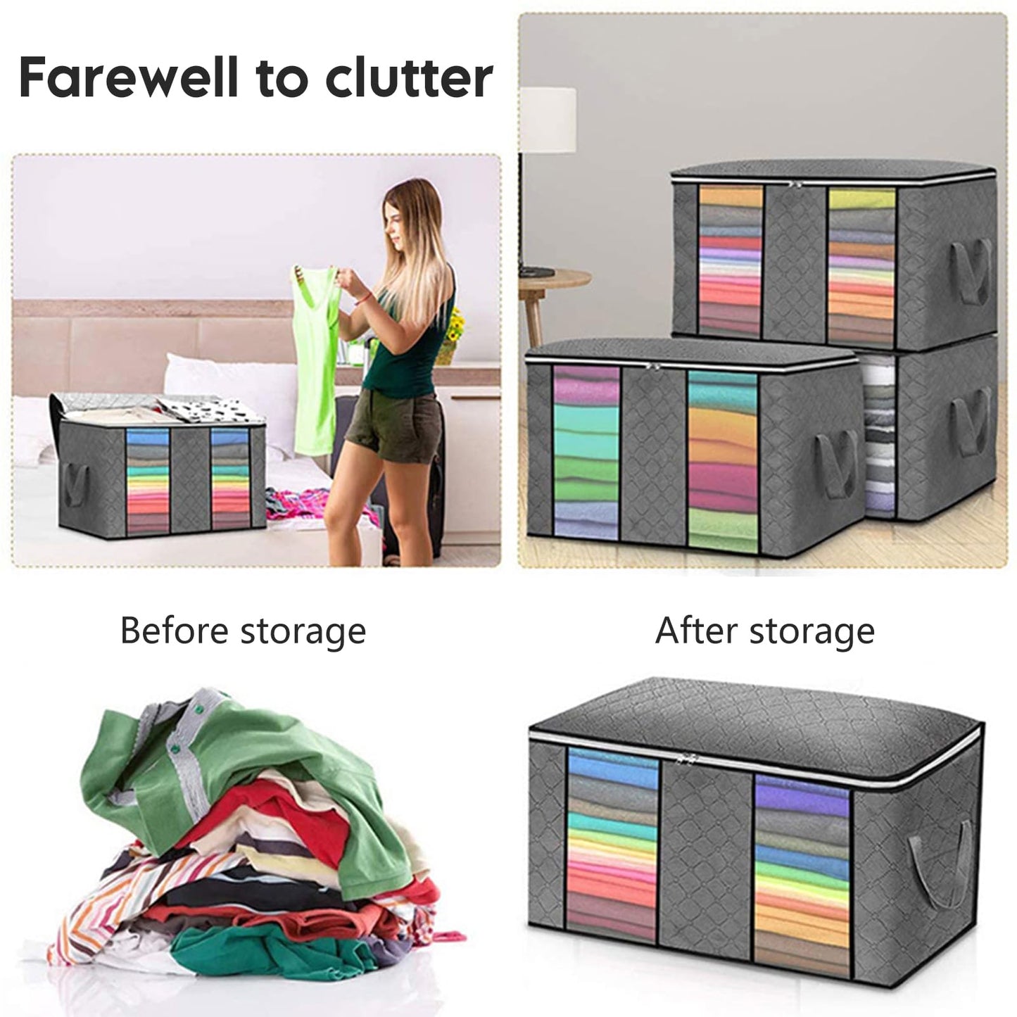 Large-capacity transparent double-window compartment clothing storage bag, foldable storage bag with zipper, suitable for organizing and storing clothes, quilts and pillows, 4-piece set (Black)