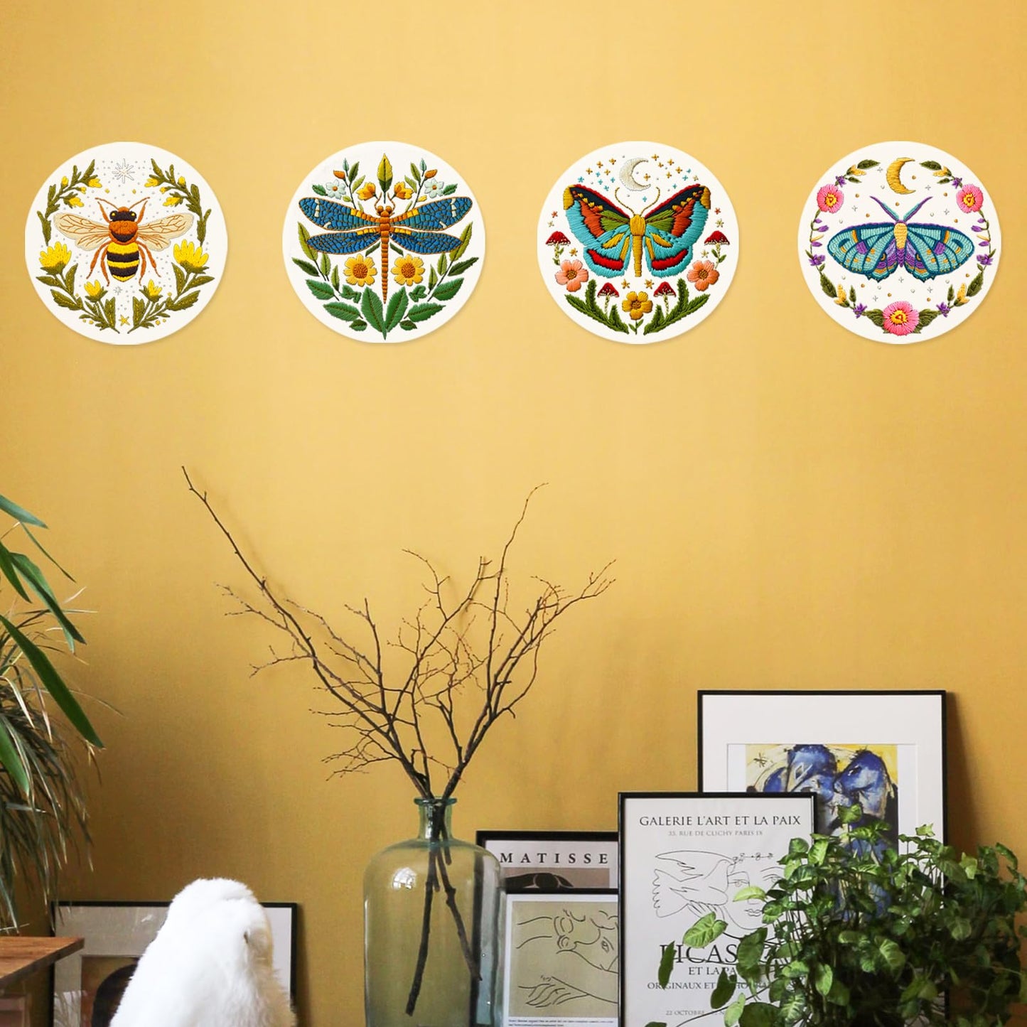 INFUNLY 4 Sets DIY Insect Pattern Embroidery Kits for Starter 11.8"×11.8" Flowers Plants Embroidery Hoop kit Handmade Bees Embroidery Kits Moth Needlepoint Kit with Instruction for Adults Beginners