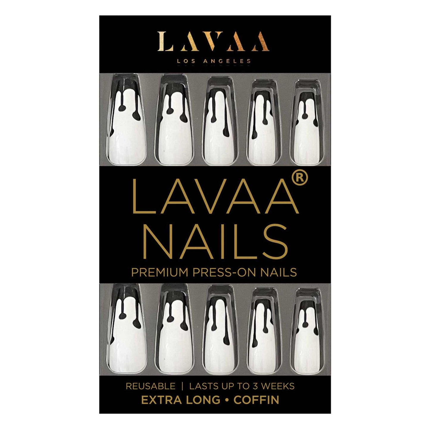 BLACK DRIP by Lavaa Beauty | Extra-Long Coffin Press-On Nails | Black Paint Drip on White Base