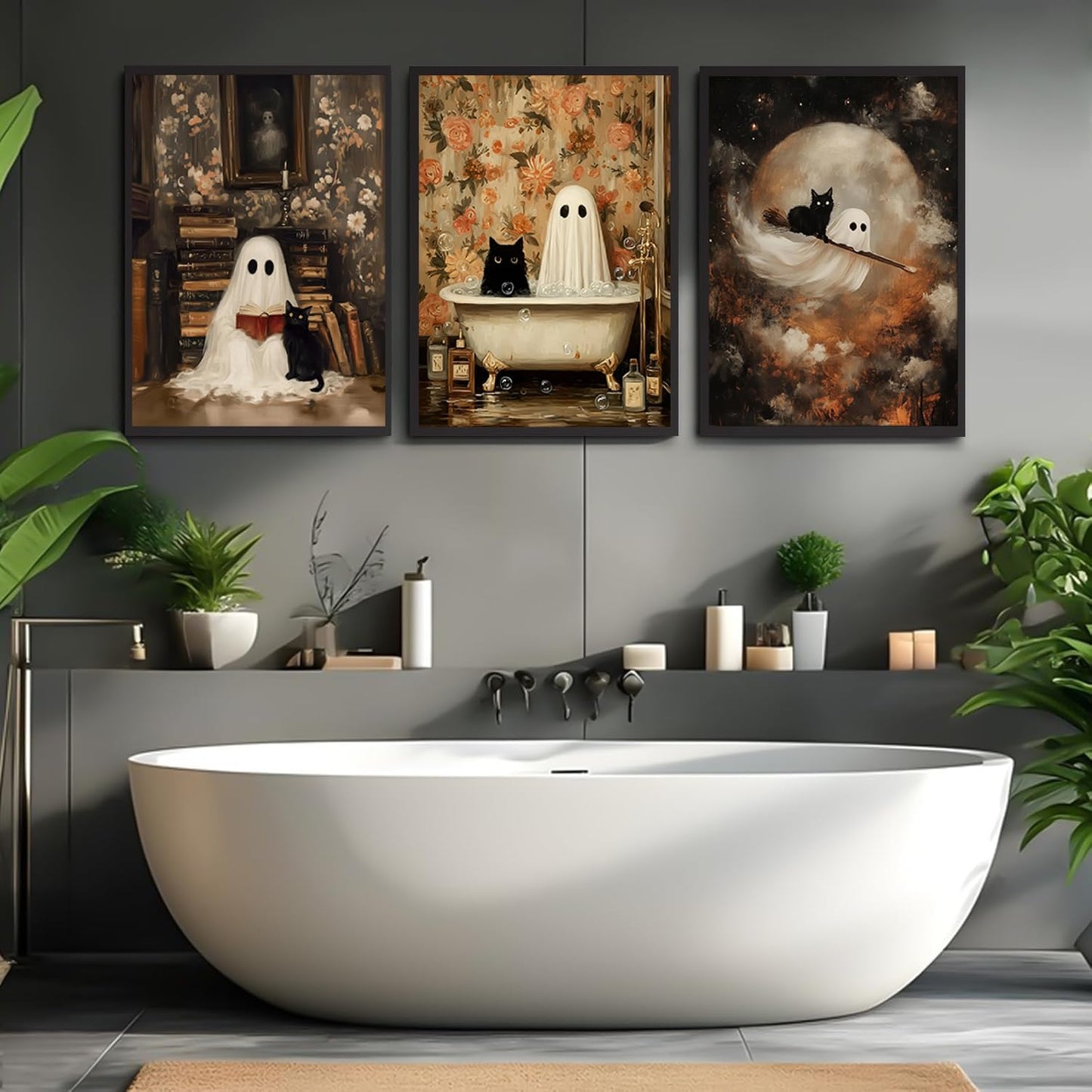 3Pcs Halloween Ghost Wall Art Funny Gothic Moody Ghosts and Black Cat Painting Picture Wall Decor Reading Horror Dark Academia Poster Print Artwork for Bathroom Livingroom Home Decoration noframe