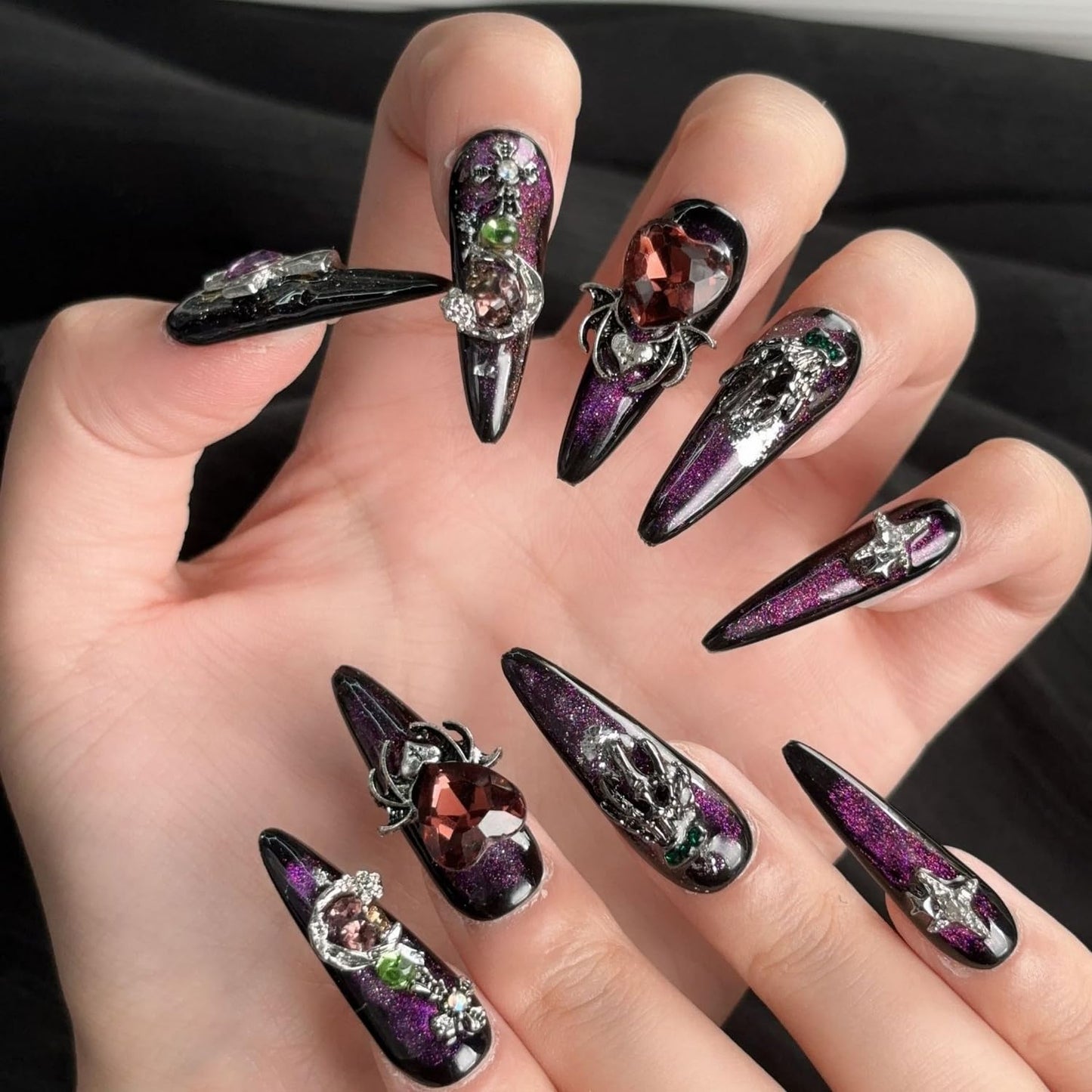 Handmade Press on Nails Medium Almond Fake Nail Halloween 3D Spider and Silver Spider Web Designs Black French Tip Stick on Nails Red Heart Thick False Nails for Women (S)