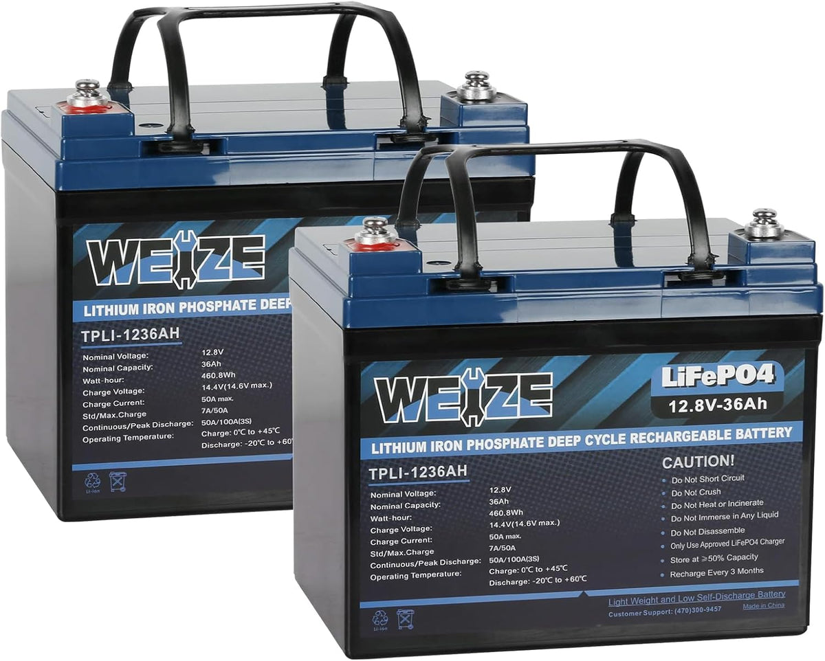 WEIZE 12V 36Ah LiFePO4 Lithium Battery, Grade A Cells Built in BMS Low Temperature Protection Deep Cycle Battery, 2000+ Life Cycles, Perfect for Marine, Kids Scooters, Power Wheels (2 Packs)