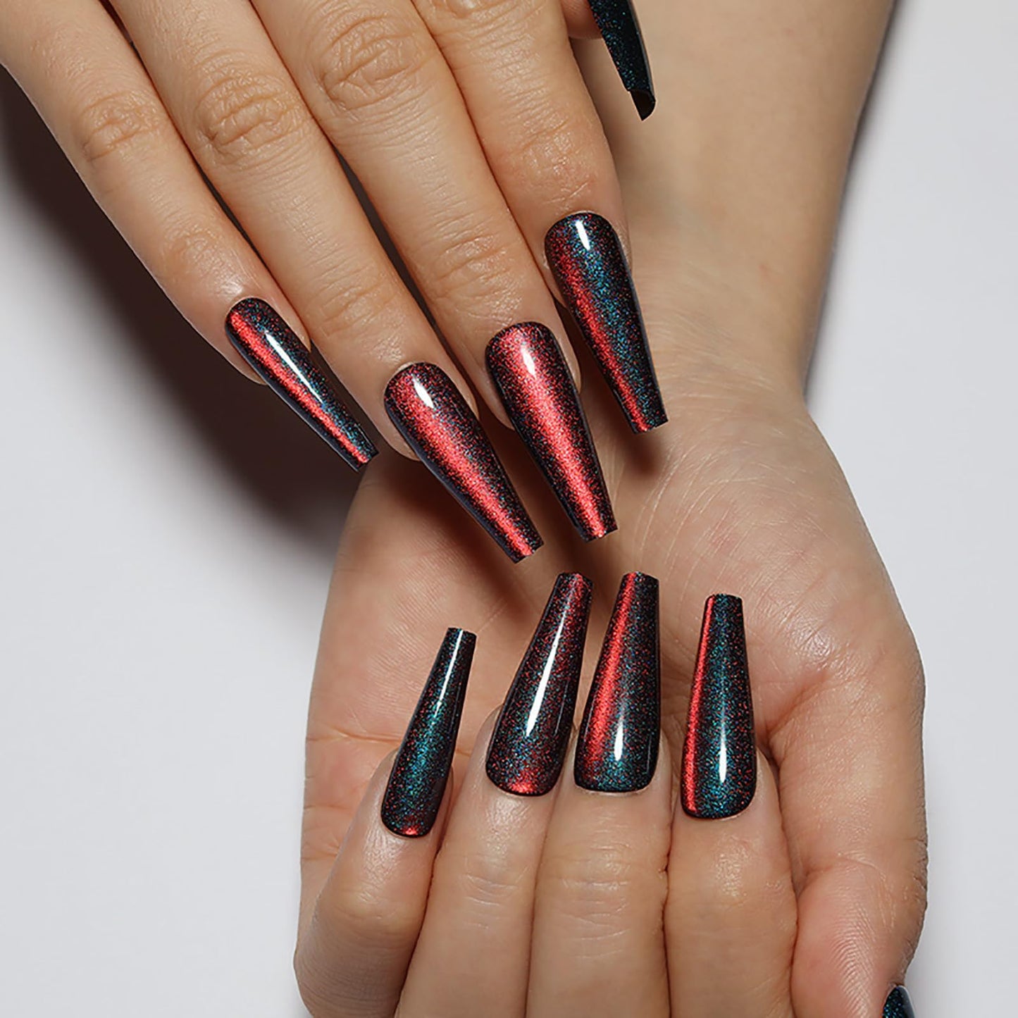 Handmade Press on Nails - Blue & Red Gradient Fake Nails| Glossy,Glitter,Reusable Long Nails,Velvet Effect Design Acrylic Nails | 12 Sizes - 24 Nail Kit with Jelly Glue