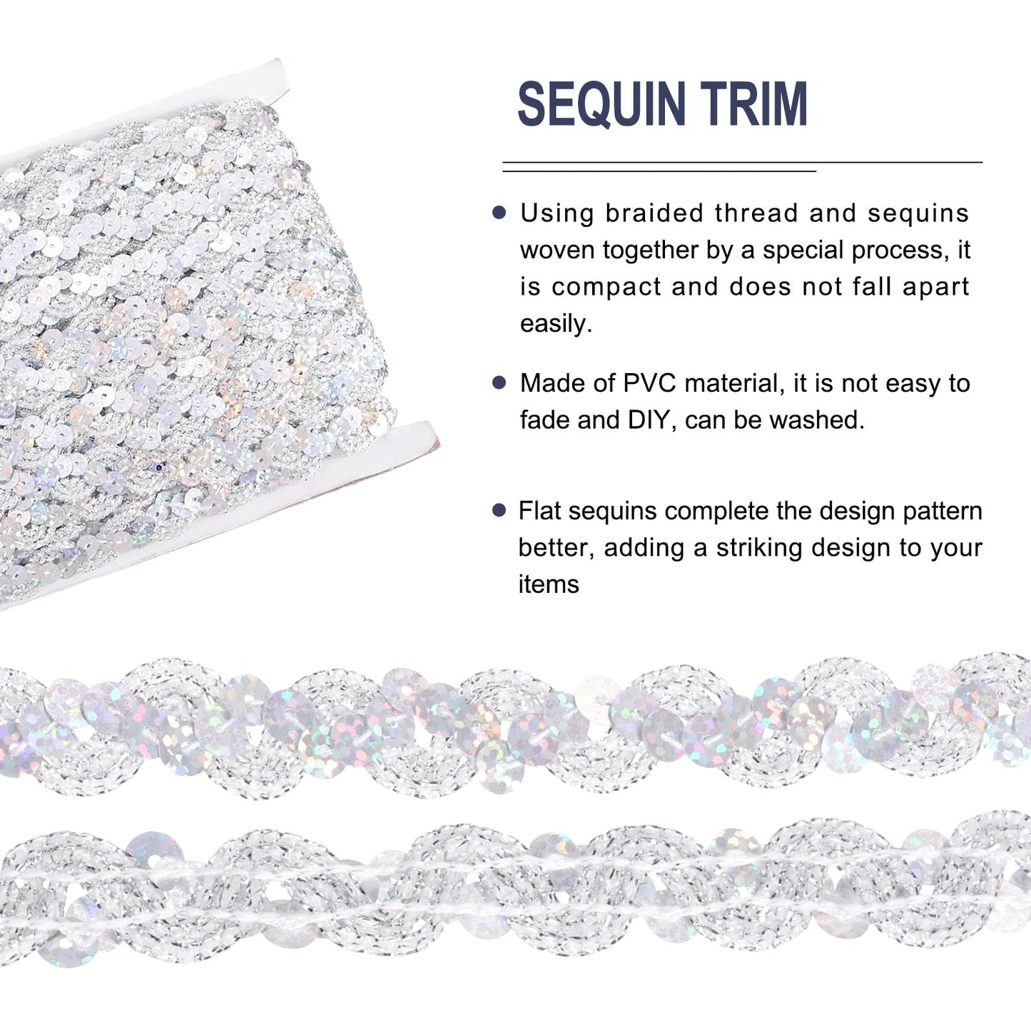 MECCANIXITY 27 Yard Sequins Beaded Lace Trim 0.6 Inch Wave Sequin Braid Trim Strip Paillette Ribbon for Crafts, Embellishments, DIY Sewing Costume, Bling Silver