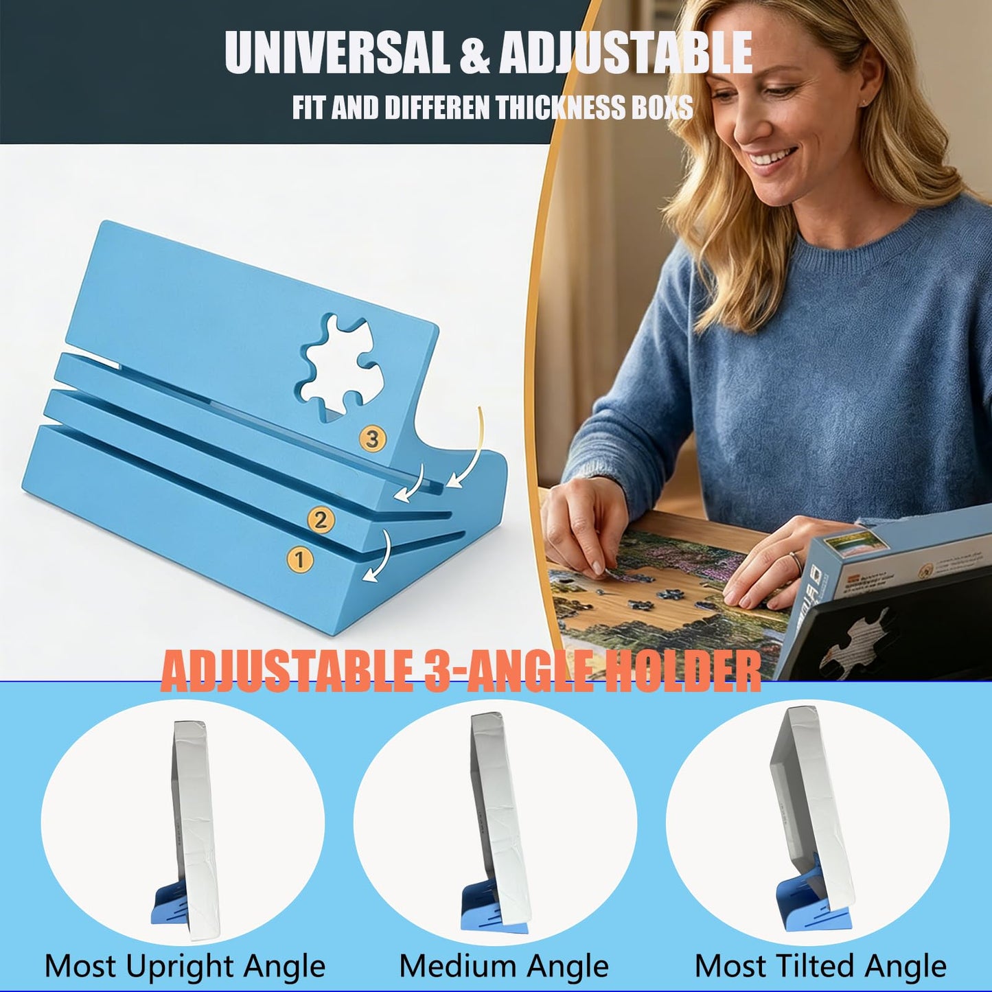 2PCS Jigsaw Puzzle Box Stand-Hands-Free Puzzle Lid Holder&Viewer-Universal Puzzle Cover Prop Display Rack to Save Table Space&Reduce Glare-Adjustable 3 Angle Holder,Essential Puzzle Accessories Gift
