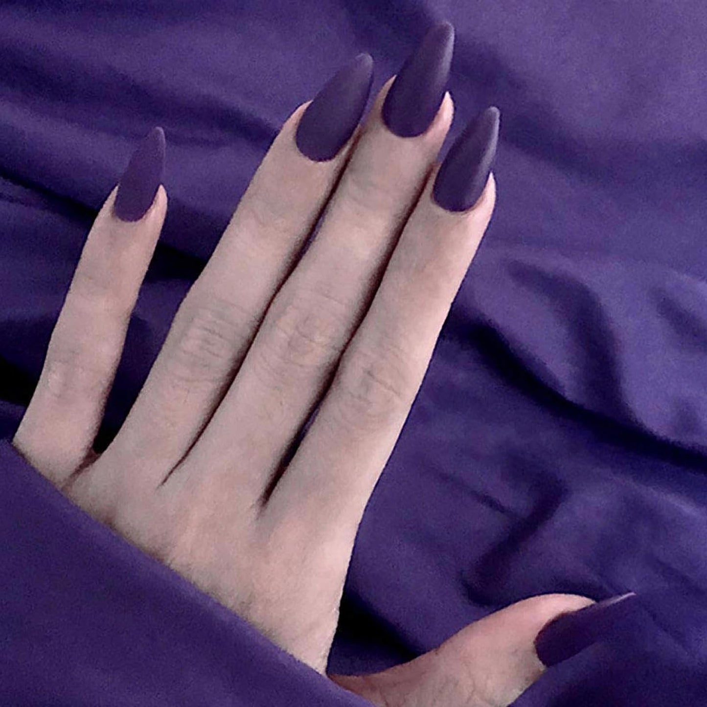 MISUD Press on Nails - Medium Stiletto Glue on Nails with Goth Purple, Acrylic Matte Gothic Design 24pcs