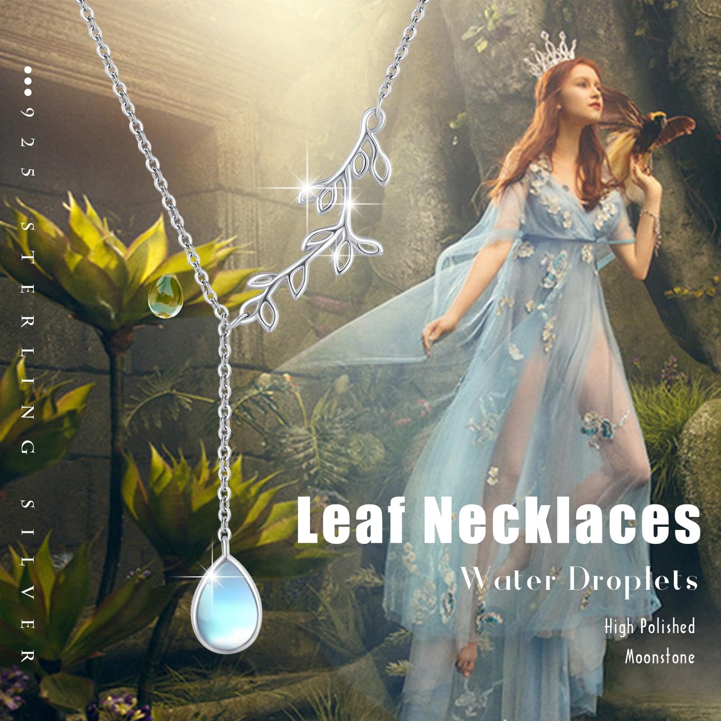 Silikepa Leaf Necklace for Women 925 Sterling Silver Leaf Pendant Necklace Y-Shaped Chain With Moonstone Jewelry Gift for Women