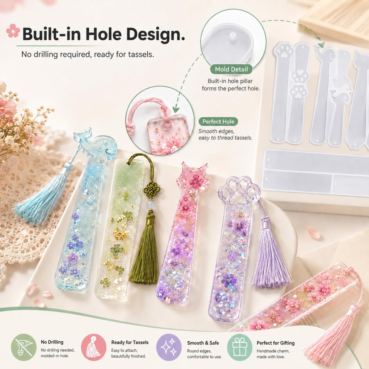 SANFUHOM Resin Bookmark Molds Kit, Silicone Epoxy Casting Mold with 40 Tassels, 4 Shapes Cat Paw Kitty Dolphin Rectangle Craft Tool for DIY Jewelry Making