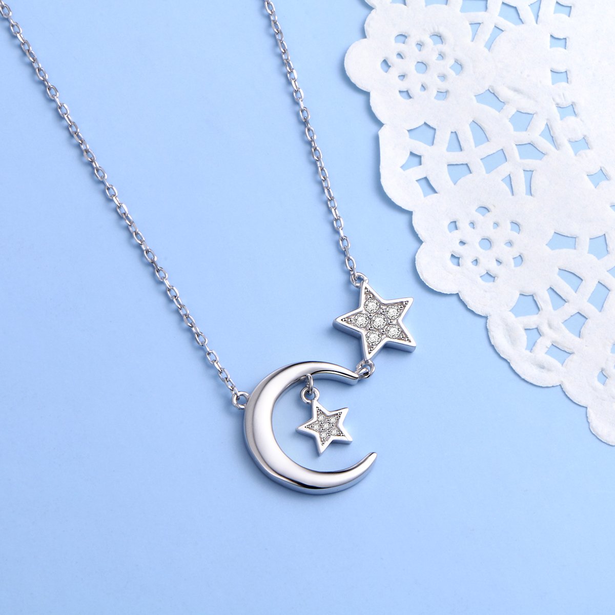 Ladytree S925 Sterling Silver Bling CZ Crescent Moon Star Jewelry Pendant Necklace,Rolo Chain,18+2"