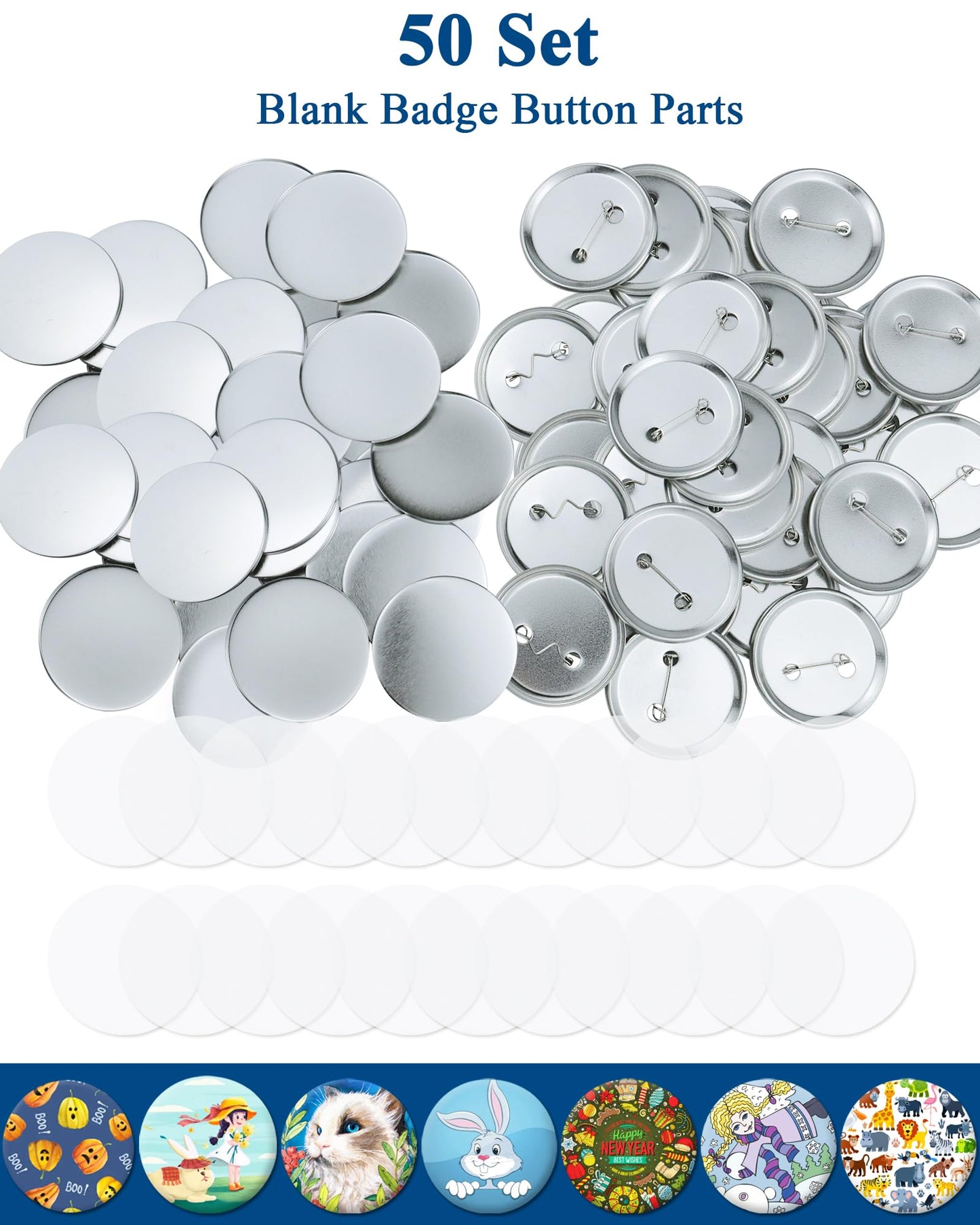 150 Pcs 2.28inch(58mm) Button Badge Blanks Kit - DIY Supplies for Custom Pins,Includes Metal Shells,Pin Backs&Clear Film(50 Sets),Compatible with Button Maker Machines for Events&Business Promotion