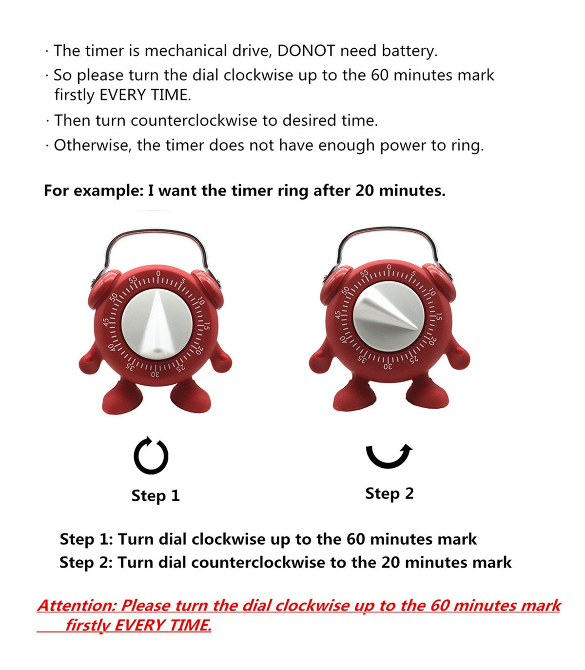 Kitchen Timer, 60 Minutes Countdown Cooking Teaching Egg Potty Training Wind Up Cute Timeout Timer No Battery （Red）