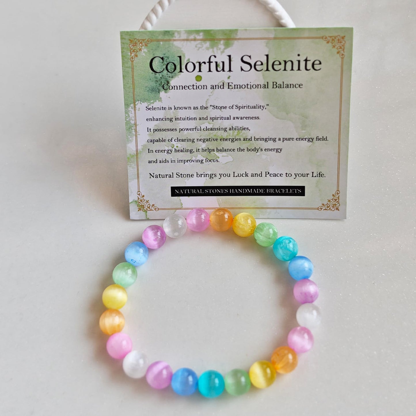 Handmade Natural Gemstone Elastic Bracelet - Healing Crystal Beads Jewelry, Unisex (Colourful Selenite, 8mm)