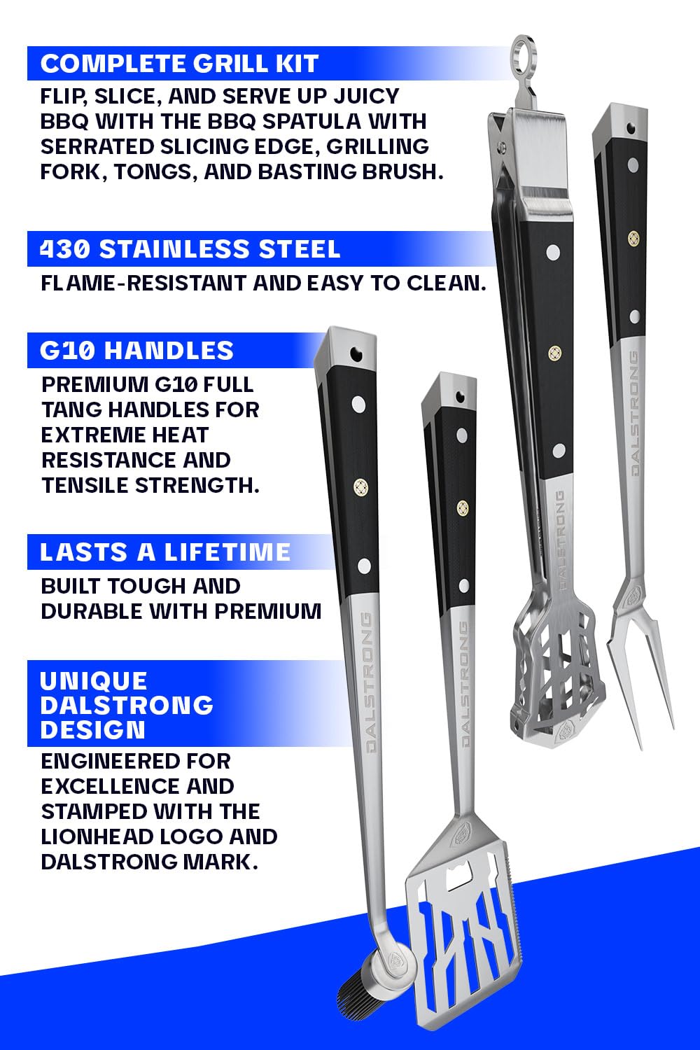 Dalstrong 4-Piece Professional BBQ Pitmaster Grill Set - Premium High-Carbon Stainless Steel Grilling - 18 inch Length - Silicone Brush, Spatula, Tongs, Fork - G10 Handles
