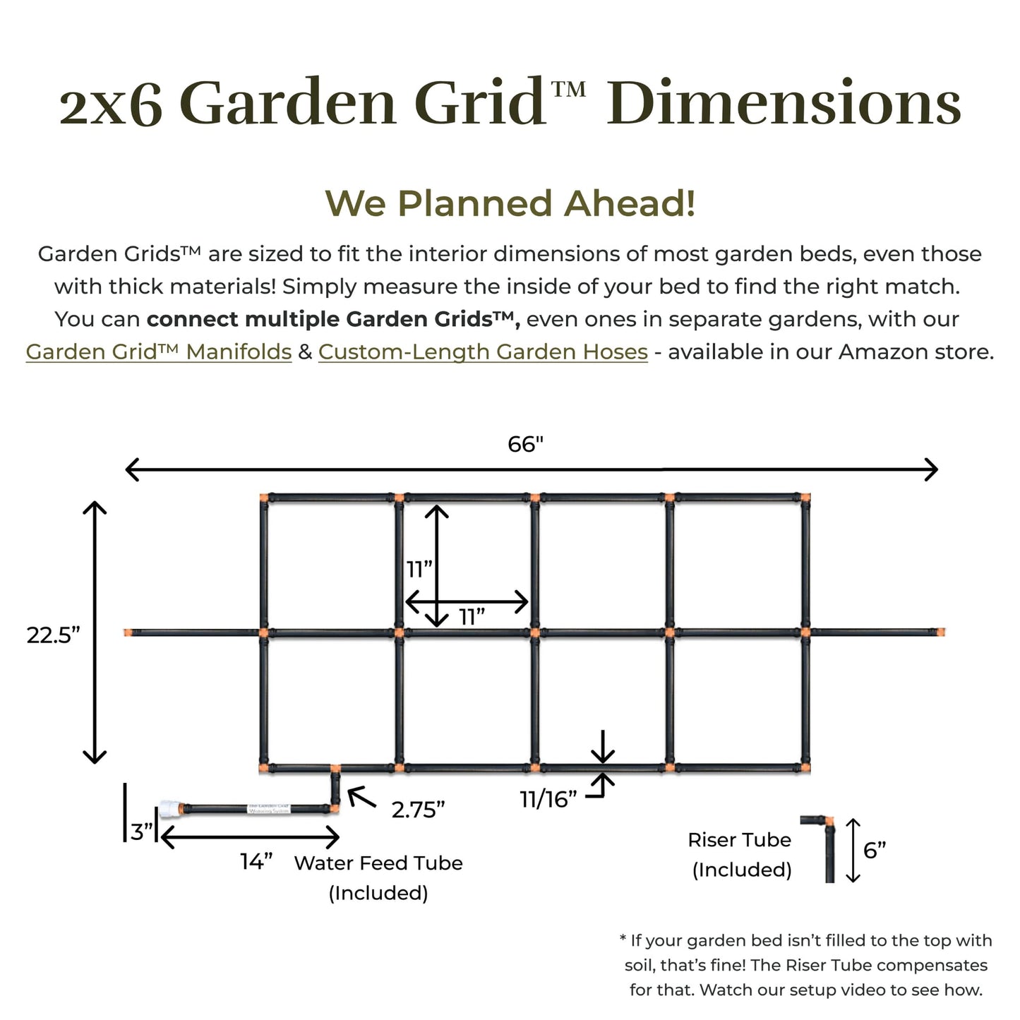 Garden Grid Watering System - 2x6 Cornerless | Raised Garden Bed Drip Irrigation System, But Better | Pre-Assembled, Waters Every Plant | Ideal for Beds w/Corner Posts or Curved Ends | 22.5"x66"