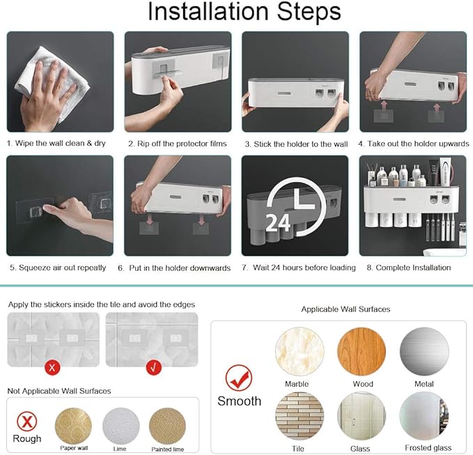 Toothbrush Holders Wall Mounted, Toothbrush Holder with Automatic Toothpaste Dispensers, 6 Brush Slots, 2 Magnetic Cups,1 Cosmetic Drawer Organizer and 1 Large Storage Tray