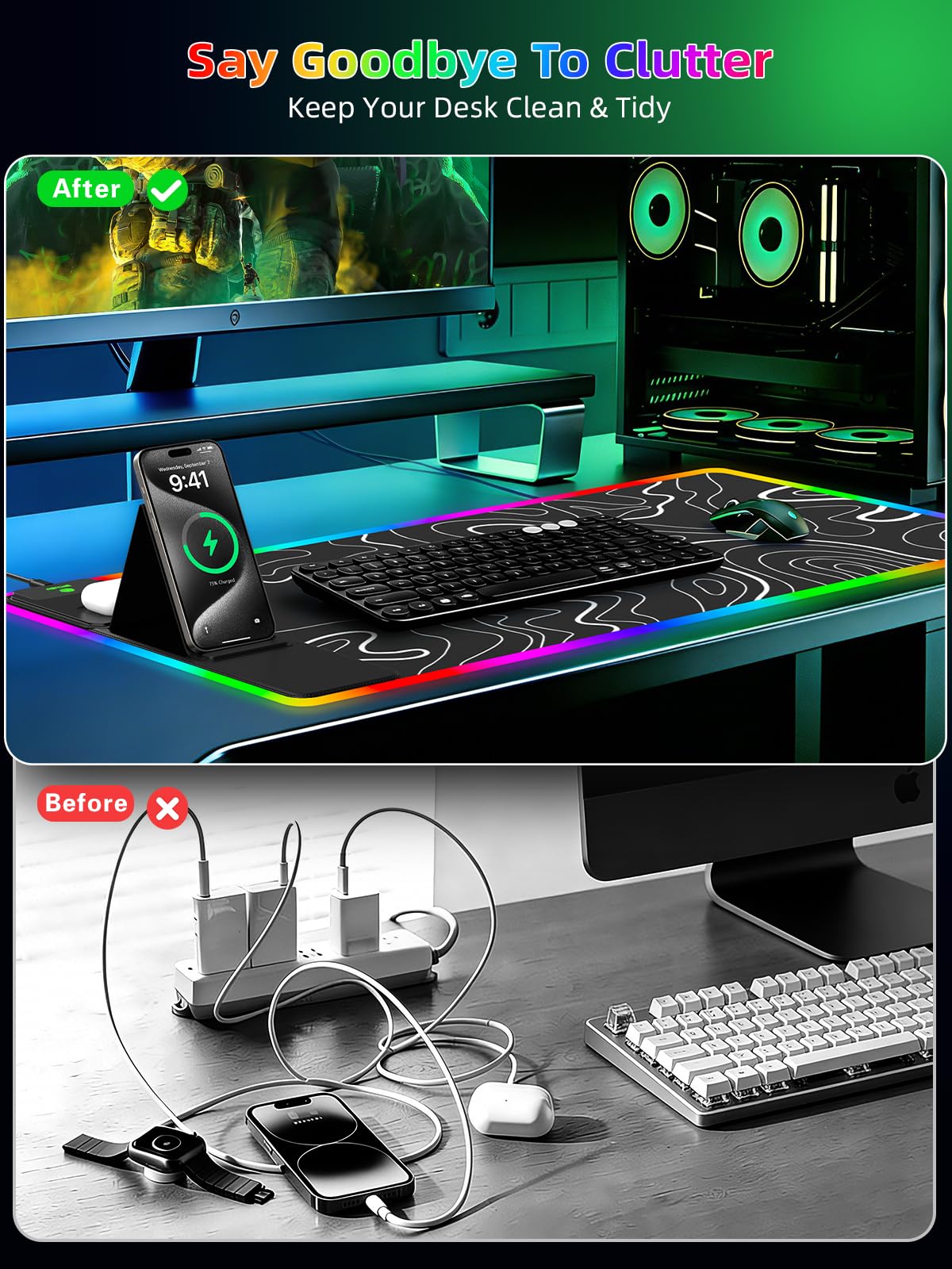 Mouse Pad with Foldable Phone Holder & Wireless Charger, XXL RGB Gaming Mousepad 31.5"x15.8" Large Desk Mat for Keyboard, 11 Colors 5 Modes