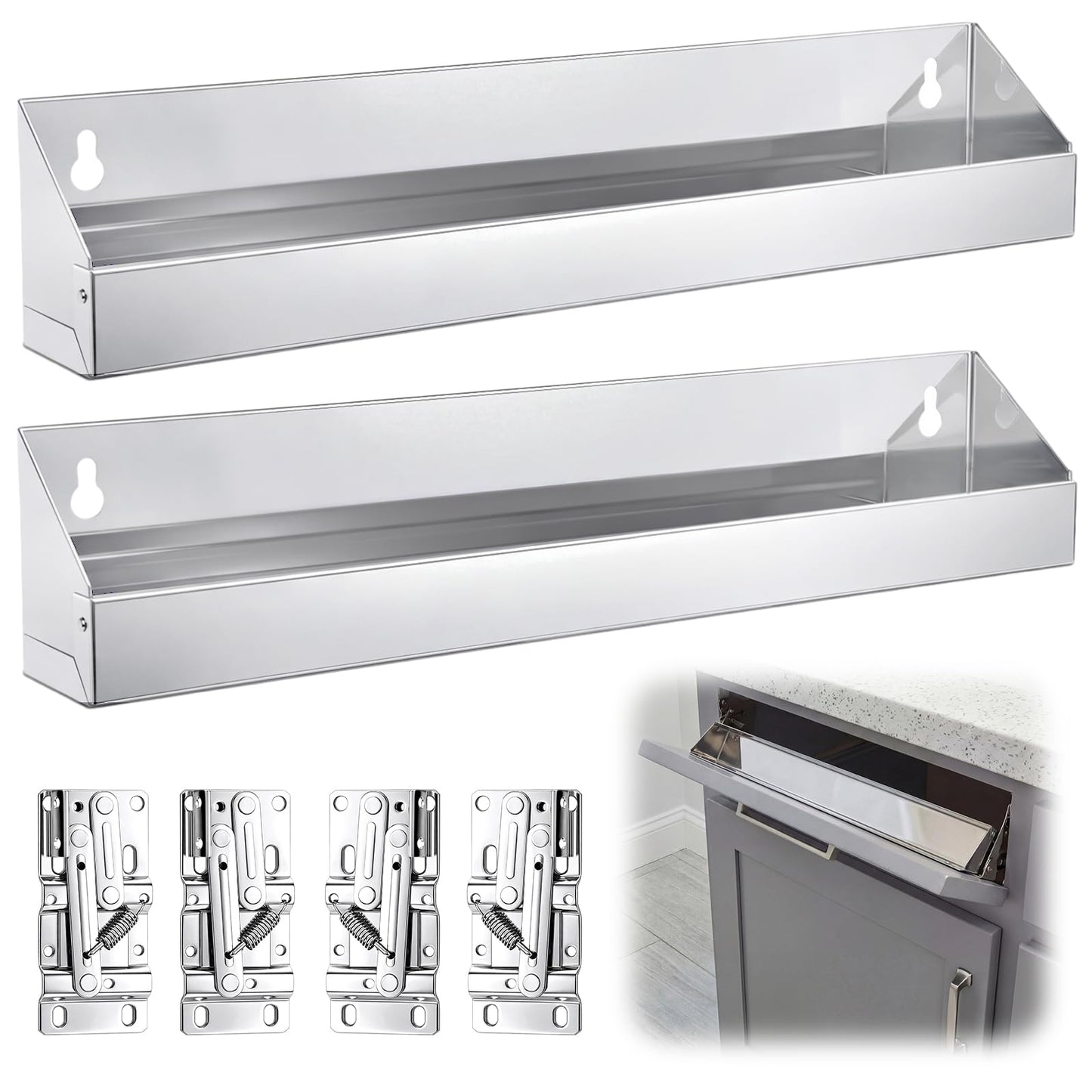 Yiyiring 2 Set 16 Inch Stainless Steel Sink Drawer Tip Out Tray Kit Include Tip-Out Sink Trays and Hinges Large Pull Out Storage Organizer for Kitchen Bathroom Base Cabinets