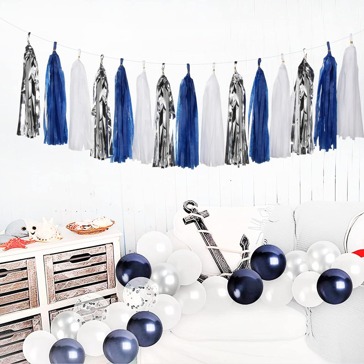 Navy-Blue White-Silver Tassel Garland Streamers - 15pcs Party Decorations Tissue Paper Tassels Banner,Graduation 2025 Wedding Baby Bridal Shower Hanging Decoration Boy Birthday Backdrop Decor Panduola