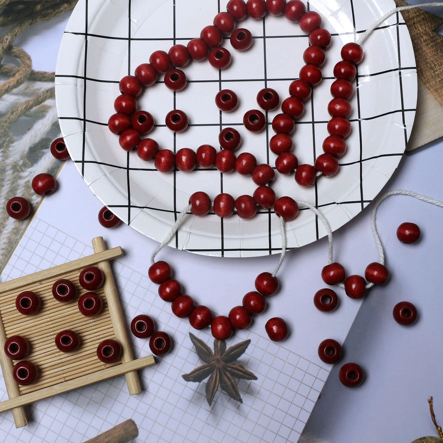 300pcs 12mm Red Wood Macrame Beads for Handmade Crafts, Large Hole Wooden Loose Spacer Beads for Macrame Projects Holiday Party Decor, 5mm Hole
