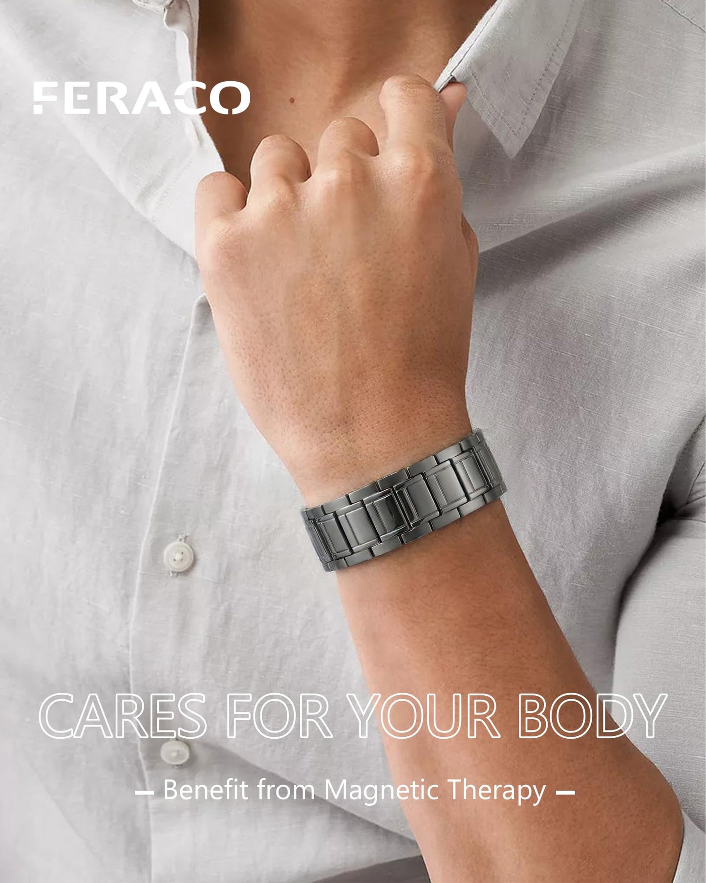 Feraco 3X Magnetic Bracelets for Men Titanium Steel Magnetic Bracelet with 3 Rows Magnets (Gray)