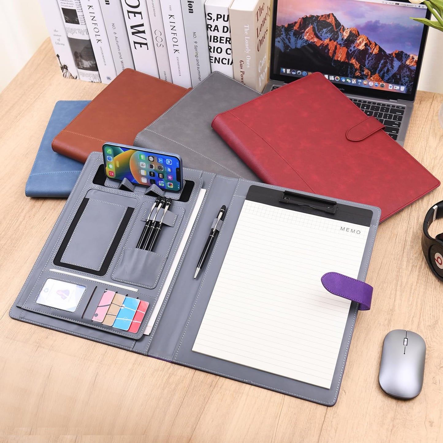 Wason Portfolio Padfolio A4 Leather PU Folder File Document Holder Case with Writing Pad Removable Clipboard Card Stationary Case Phone Tablet Stand for Organizer Office Travel School (Red Wine)