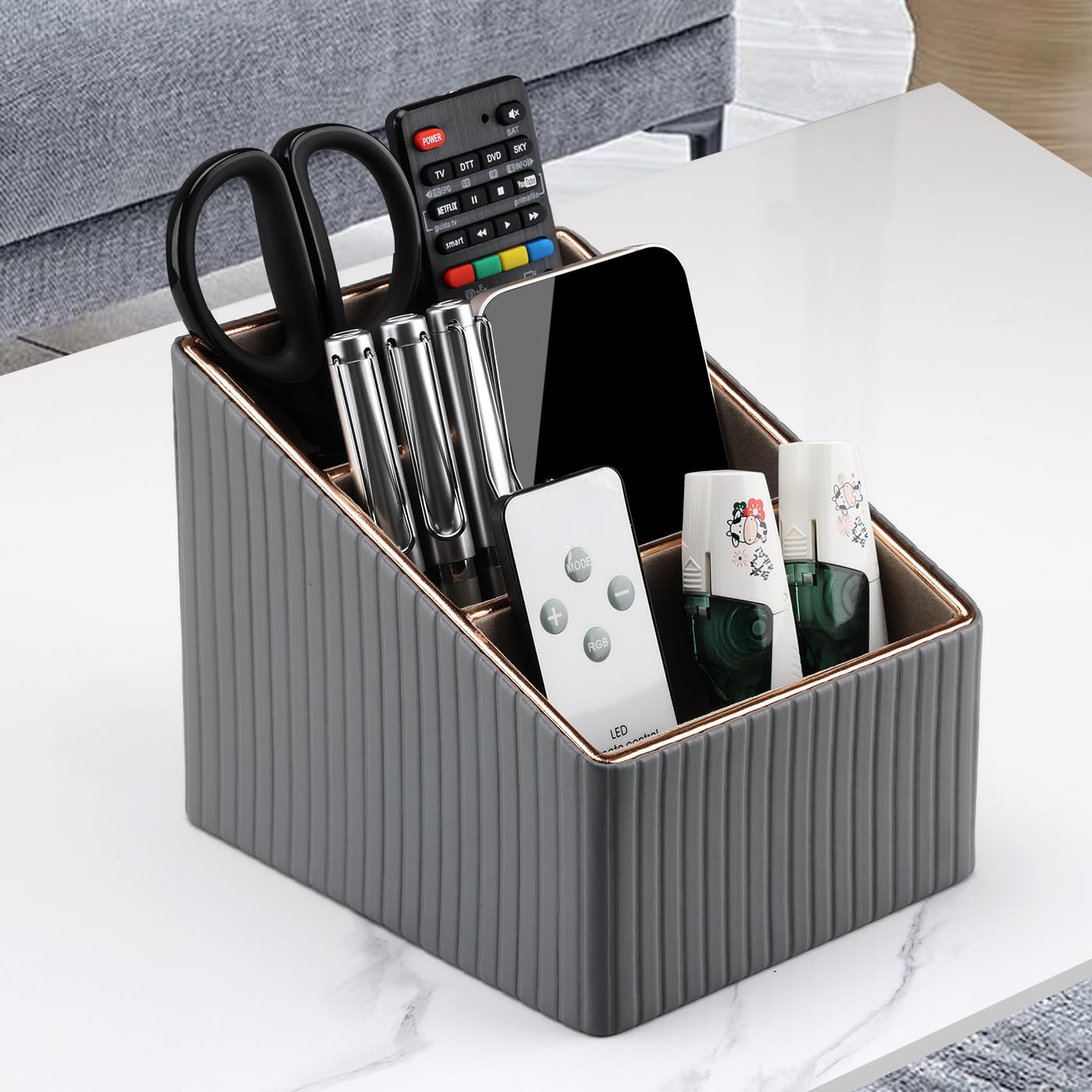 KINGFOM 3 Slot PU Leather Remote Controller Holder, Home Sundries Storage Box, TV Guide/Mail/CD Organizer/Caddy/Holder with Free Cable Desk Organizer (Gray)
