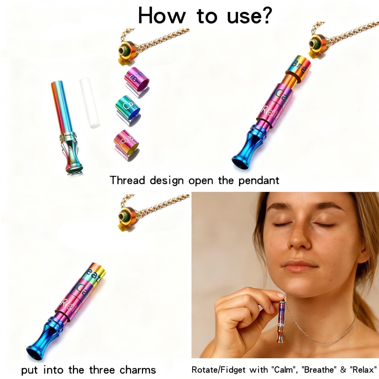 Fidget Necklace with Spinning Calm, Breathe, Relax Charms - Sensory Anxiety Relief & Deep Breathing Aid Stainless Steel Necklaces for Women Men (Rainbow)