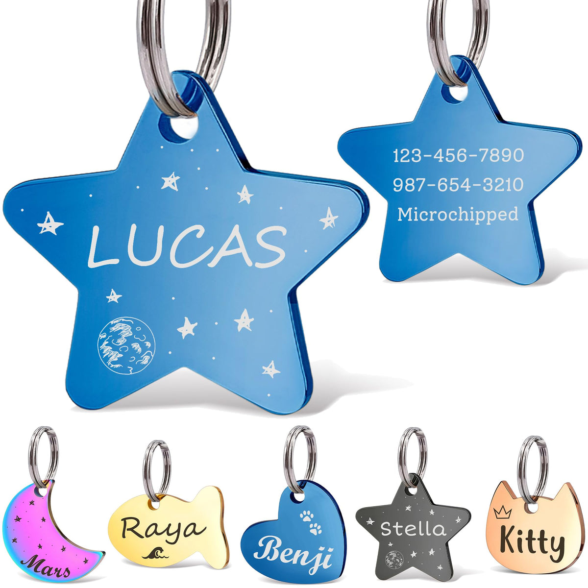 Anavia Small Size Dog Cat ID Tags, Small/XS Personalized Color Plated Stainless Steel Puppy Kitten Name Tags, Customized Engraved Nameplate Pet Collar Tag (Blue, Star)