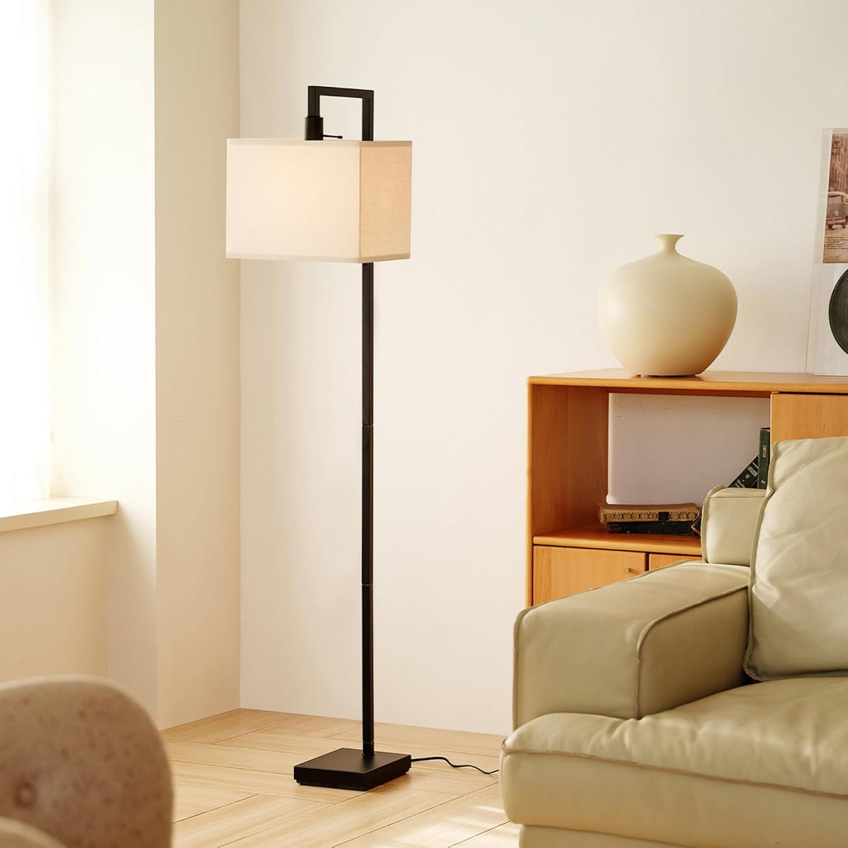 Globe Electric 61000052 60" Floor Lamp, Matte Black, Square White Fabric Shade, On/Off Rotary Switch on Socket, Square Rod, Reading Lamp, Home Office Accessories, Home Décor, Home Improvement