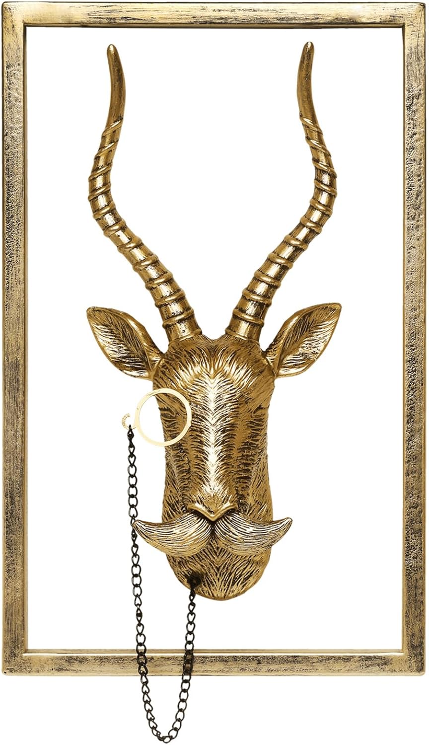 Animal Heads Wall Decor (Includes Metal Frame) Resin Animals Sculptures Head Wall Hanging Decoration Gold vintage Wall Sculpture for Living Room Bedroom Office(Antelope)