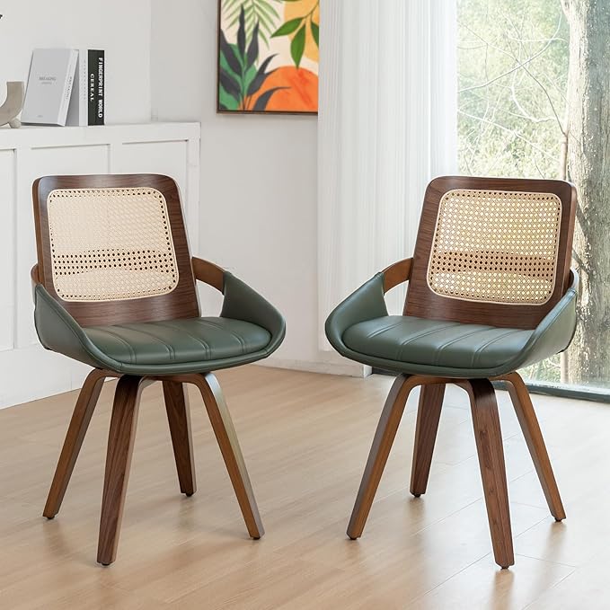 Set of 2 Green Rattan Dining Chairs - Mid Century Modern Dining Chairs with Walnut Bentwood Frame, Ergonomic Rattan Back, Curved Arms, Versatile for Living Room/Conference/Kitchen (Walnut Green)